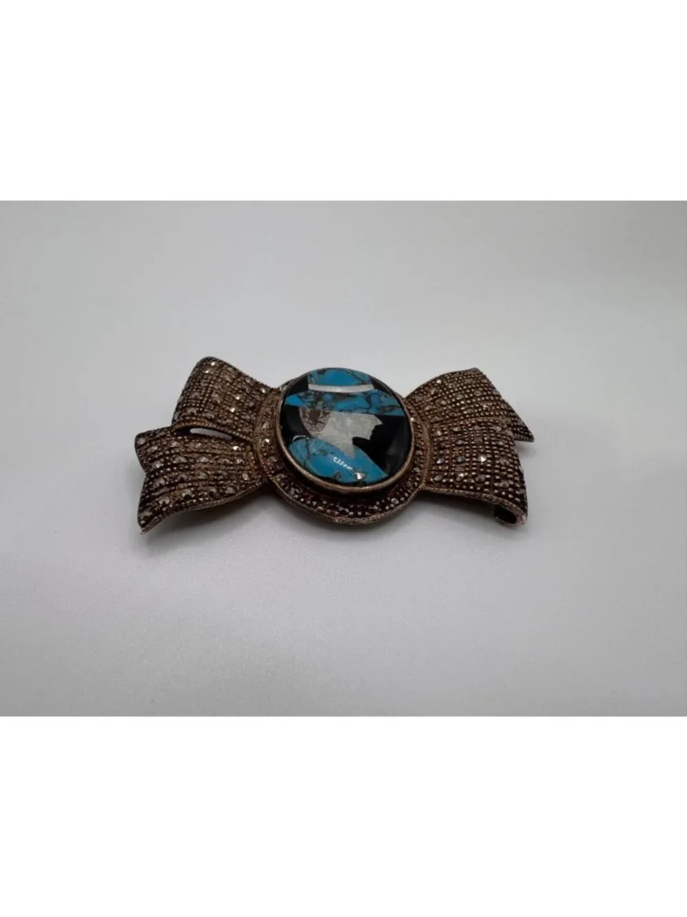 925 TH Sterling Silver Turquoise Abalone MOP Onyx Inlay Marcasite Bow Brooch - Picture 3 of 12
